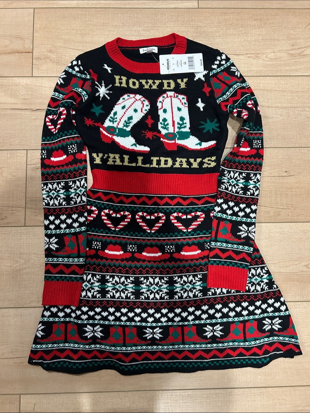Howdy Y'Allidays Cowboy Boot Holiday Sweater Dress - women's xs